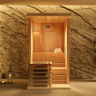 Produktbild von FinnTherm Innensauna Milla, Sauna mit Glasfront für 2 Personen, Innenmaße: B 105 x T 142 x H 191 cm, Hochwertige Saunaliegen, Vorgefertigte Elemente