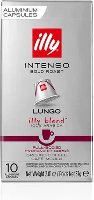 A product shot of illy Intenso Lungo coffee capsules packaging.