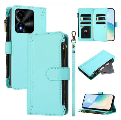 A collage of images showcasing a turquoise phone case with wallet and zipper features.
