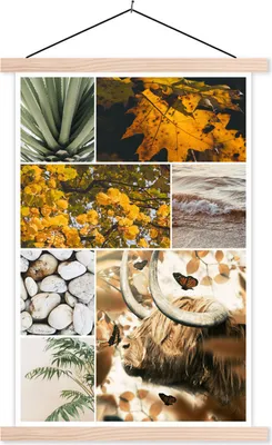 Produktbild von MuchoWow® Textilposter Schottische Hochlandrind - Collage - Meer - Pflanzen 120x180 cm mit holzfarbenen Rahmen - Textil-Plakat