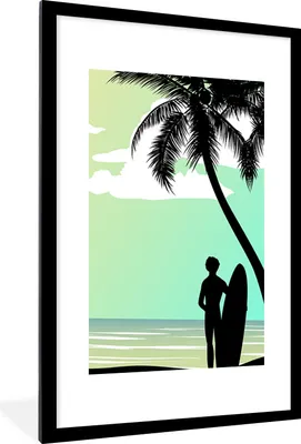 Produktbild von MuchoWow® MuchoWow® Gerahmtes Poster Meer - Surfbrett - Palme 60x90 cm - Poster mit zchwarzem Bilderrahmen - Dekoration - Wandposter Wohnzimmer - Hochwertig