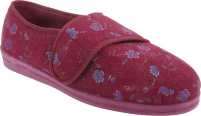 Produktbild von Comfylux Sally Damen Hausschuhe / Pantoffeln mit Blumenmuster und Klettverschluss, besonders weite Passform DF526 (38 EU) (Weinrot)