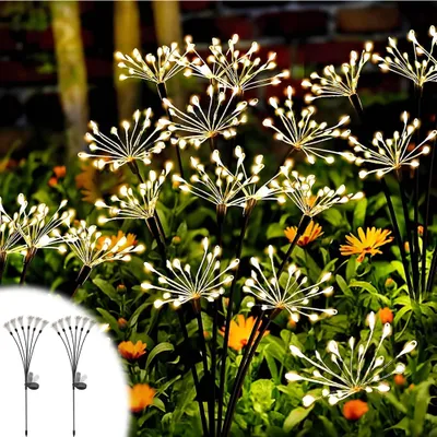 Zdjęcie produktu dla 2 lampy solarne ciepły biały mniszek lekarski lampy solarne 120 LED słoneczne lampy ogrodowe do ogrodu zewnętrznego 8 trybów wtyczka słoneczna do dekoracji trawnika balkonu taras podwórko