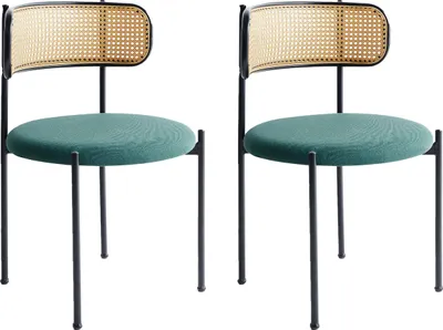 Produktbild von BELIANI Esszimmerstuhl 2er Set Grün Leinen-Stoffbezug u. Wiener-Geflecht mit Schwarzem Metallgestell Offene Rückenlehne Retro-Design Stuhl-Set