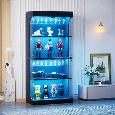 Produktbild von Vierstöckige Glasvitrine mit Stauraum, LED-Beleuchtung, Glastüren und intelligenten Sensoren. Als staubdichte Glasvitrine für Wohnzimmer, Schlafzimmer und Büros geeignet. Schwarz. 80*35*165cm