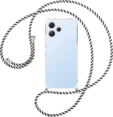 Produktbild von Handykette Backcover-Schutzhülle mit Band (Metall silberfarben) für Xiaomi Poco M6 Pro 5G, Redmi 12 5G, Note 12R - schwarz/weiß gestreift