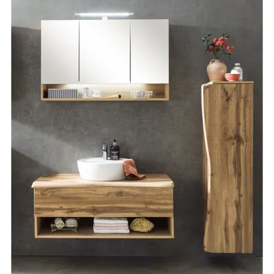 Produktbild von Badezimmer Set inkl. Keramik Waschbecken und LED Beleuchtung KAHLA-03 in Wotan Eiche Nb. mit Baumkantenoptik, B/H/T: ca. 158,5/200/52 cm