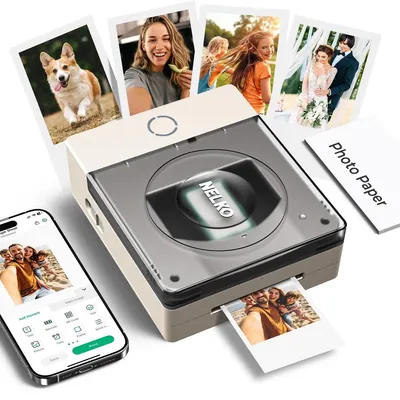 Productafbeelding van Nelko Fotoprinter, PP02, kleur, draagbare mini-fotoprinter voor smartphone, inkjetstickers, printer, Sticky Back foto's voor iOS en Android, leuke bewerking-app, wit