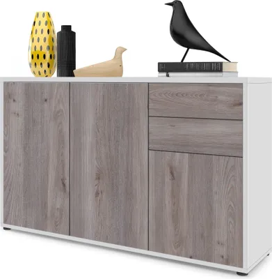 Produktbild von Vladon Sideboard Ben V3, Kommode mit 3 Türen und 2 Schubladen, Weiß matt/Eiche Nordic (117 x 74 x 36 cm)