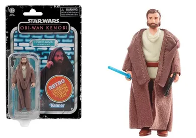 A Star Wars Obi-Wan Kenobi action figure in its packaging and displayed outside of the packaging.