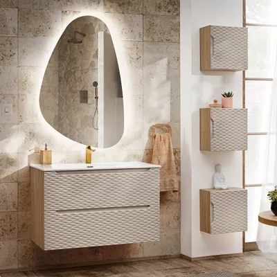 Produktbild von Badmöbel Set 5-teilig mit 90cm Waschtisch, Eiche mit beige, OLUO-56-BEIGE