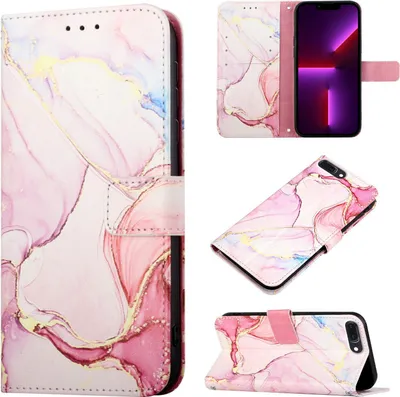 Produktbild von iPhone 8 Plus Hülle, Marmor Motiv Kunstleder Tasche Wallet Kartenfächer mit Standfunktion Klapp Schutzhülle für iPhone 8 Plus/ 7 Plus/ 6s Plus/ 6 Plus Pink Weiß