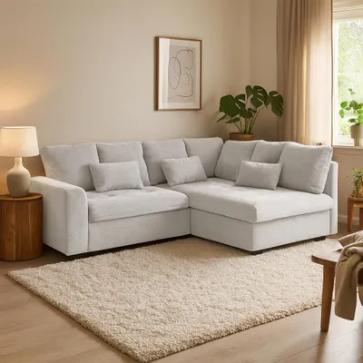 Obrázek produktu pro BEAUTYSOFA | Rohová pohovka RAMO 229 cm, rohová pohovka s funkcí spaní 160x200 cm, moderní rozkládací pohovka v krémové barvě, včetně matrace
