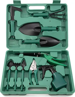 Produktbild von Gartengeräte 10-tlg. Gartenwerkzeug Set im Koffer – Handgeräte für Balkon, Beet & Gemüse, ergonomisch, leicht, kompakt, sicher, ideal für Hobbygärtner