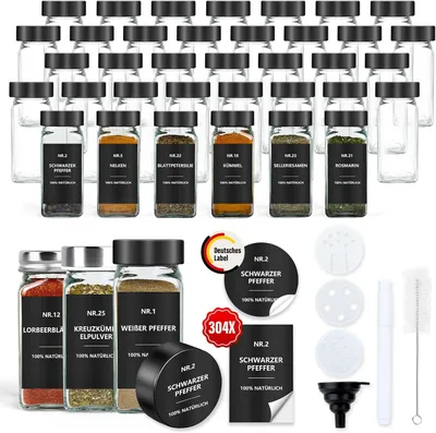 Obrázek produktu pro Zimilo 36dílná sada sklenic na koření, černá, sklenice 120 ml, etikety, sypací vložky, vodotěsné, úložný prostor do kuchyně, bez BPA, černé víčko