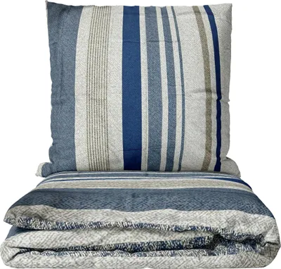 Produktbild von Mikrofaser Bettwäsche-Set 135x200 cm 80x80 cm Blau Beige Grau Gestreift mit Reißverschluss