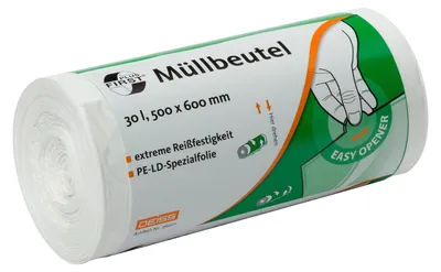 Produktbild von DEISS 36021 Müllbeutel First Plus - 30 Liter, weiß, 50 Stück, LDPE