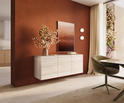 Produktbild von DELIFE Sideboard Cuor 150 cm Keramik Laminam® Travertino Bianco Creme-Weiß 3 Türen Schwebend