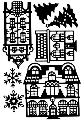 Stanzschablonen-Set: Häuser, Tannen, Schneeflocken, 7 Stück