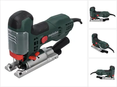 A Metabo STE 100 Quick Stichsäge jigsaw is shown against a white background. The jigsaw is green and black with silver and red accents. It is shown from a slightly elevated side angle.