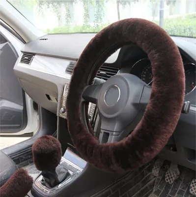 Obrázek produktu pro Univerzální plyšový potah volantu, 3 kusy zimních potahů volantu, sada potahů ruční brzdy a řadicí páky, 38 cm, káva, polyester