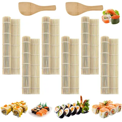 Imagen del producto de Juego de sushi de bambú de 6 piezas, con esterilla de 24x24 cm y 2 cucharas para arroz