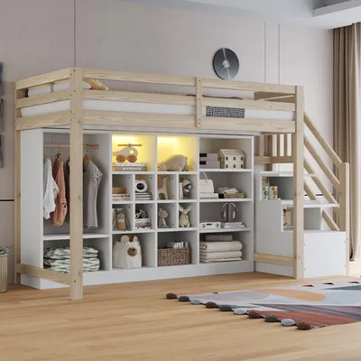 Produktbild von MODFU Hochbett 90x200 Einzelbett mit Stauraumregale und integrierter Kleiderschrank Jugendbett mit LED-Beleuchtung,mit Matratze,Natur+Weiß