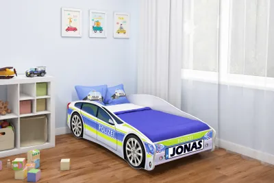 Produktbild von ACMA Jugendbett Kinderbett Auto-Bett Junior Cars Bett Komplett-Set mit Matratze Lattenrost und Rausfallschutz 160x80 cm - Polizei -1 + NAME