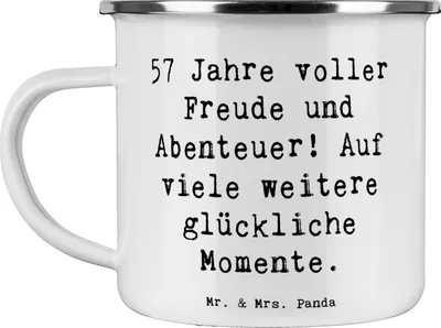 Produktbild von Mr. & Mrs. Panda becher emaille Spruch 57. Geburtstag Freude - Weiß - Geschenk, Liebe, feiern, Pott, Outdoor, Lebensweg, Glückwunsch, Happy Birthday, Teetasse, Tasse