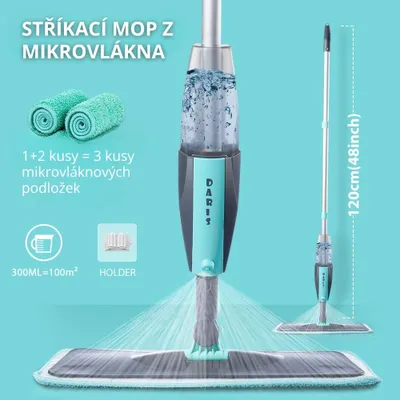 Obrázek produktu pro Kouzelný mop na podlahu - rozprašovací systém, 360° otočná hlava, 120 cm, 3 utěrky z mikrovlákna (modrá)