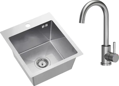 A stainless steel kitchen sink and faucet are shown against a white background.