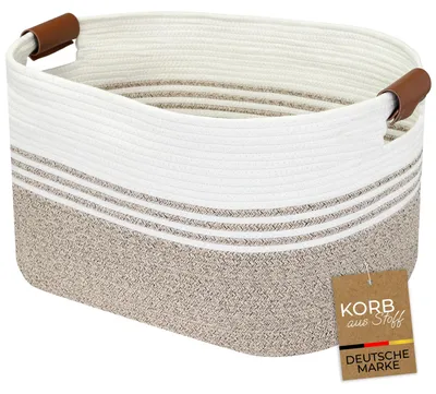Produktbild von HMF XXL Wäschekorb aus Baumwolle, eckiger Aufbewahrungskorb mit Kunstledergriffen, 55 x 43 x 30 cm, Weiß-Braun, KI-generiertes Bild