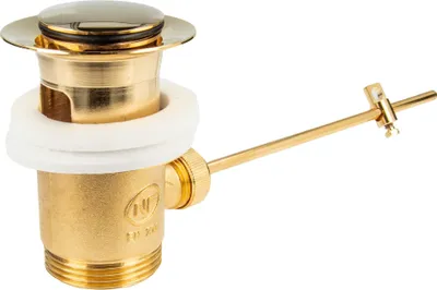 A brass pop-up drain assembly with a gold finish and a white rubber seal, shown against a white background.