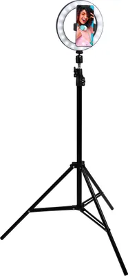 Produktbild von Selfie-Ringlicht mit Stativ (ausziehbar von ca. 75 - 180 cm), Handyhalter von ca. 58 – 80 mm, drehbar, Ringlicht 360° drehbar, 80 LEDs in 3 Licht-Modi, je in 9 Einstellungen, mit USB-A-Kabel inkl. Controller, Ø ca. 20,3 cm