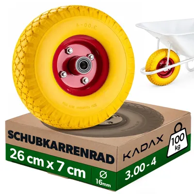 Produktbild von KADAX PolyurethanSchubkarrenrad 260 x 70 mm mit robuster Stahlfelge, Polyurethan Ersatzrad 3.00-4 für Schubkarren, pannensicheres Schubkarre Rad mit 16 mm Achsbohrung