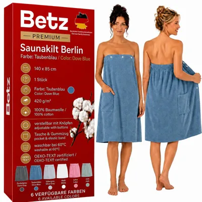 Produktbild von Betz Saunakilt Berlin – Frottee Saunakilt für Damen 100%Baumwolle, 420 g/m² – verstellbar mit Knöpfen & Gummizug – Saunahandtuch mit Tasche taubenblau