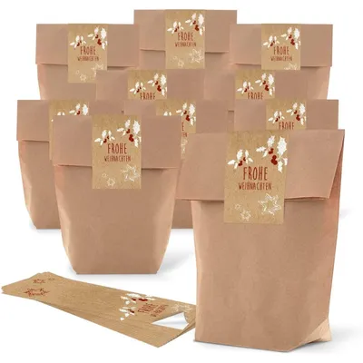 Produktbild von Papiertüten mit Nikolaus Aufkleber 19 x 29,5 x 7,5 cm (10 Stück)Mistelzweige Braun, Rot, Weiß / 25 Stück