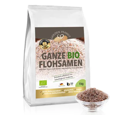 Produktbild von GOLDEN PEANUT Bio Flohsamen ganz 99% Ballaststoffe Psyllium Seeds 1kg