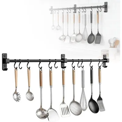 Produktbild von 80 cm Küchenhakenleiste aus Aluminium mit 12 verstellbaren Haken für Küchenzubehör und Schneidebretter - Schwarz