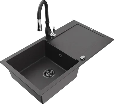 Produktbild von Mexen Leo 1 Becken-Granitspüle mit Abtropffläche und Mischbatterie Savita, Schwarz gesprenkelt - 6501-76-672601-70-B