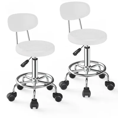 Produktbild von 2er-Set Rollhocker Arbeitshocker mit Rückenlehne Drehhocker aus Kunstleder Barhocker Bürohocker Kosmetikhocker Höhenverstellbar 33x33x70-85cm Weiß