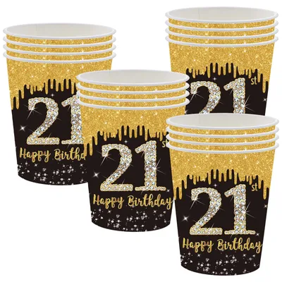 16 Papierbecher 21. Geburtstag Schwarz-Gold 250 ml