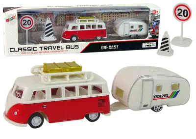 Zdjęcie produktu dla Zestaw pojazdów czerwony autobus i przyczepa kempingowa