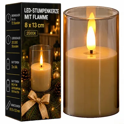 Produktbild von MasterLED LED-Kerze 7,5 x 12,5 cm 2000 K Flammeneffekt rauchfarben 3 x AA