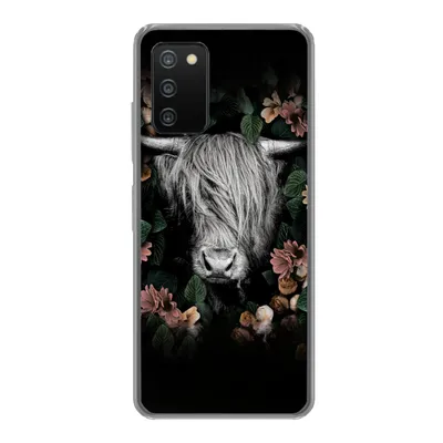 Produktbild von MuchoWow® Handyhülle Schutzhülle Hülle für Samsung Galaxy A03s Schottischer Highlander - Blumen - Rosa Silikon Softcase Handy Hülle - Schutz