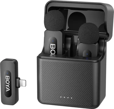 Produktbild von BOYA BY-V3 One-Trigger-Two 2,4G Kabelloses Mikrofonsystem Ansteck-Telefonmikrofon Omnidirektionales Mini-Ansteckmikrofon Automatische Kopplung Intelligente Geraeuschunterdrueckung 100?m uebertragungsreichweite mit Ladehuelle als Ersatz fuer iPhone 14/13/12/11/10