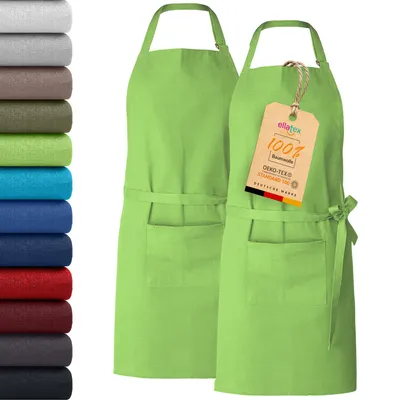 Produktbild von 2er Pack EllaTex Kochschürze Latzschürzen 100% Baumwolle Unisex Schürzen verstellbar mit Tasche Grillschürze Küche, Farbe: Apfelgrün