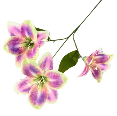 Produktbild von Künstliche Lilienblüte, 3 Köpfe, voll erblüht, künstlicher Lilienzweig mit Blättern, realistische Haptik, künstliche Lilienblüte für DIY-Hochzeitssträuße und Blumenarrangements