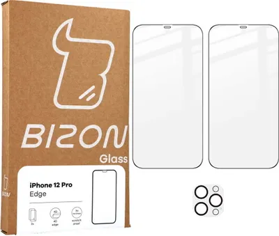 Produktbild von Bizon Glass Edge CF Panzerglas - 2 Stück + Linsenschutz, iPhone 12 Pro, Schwarz