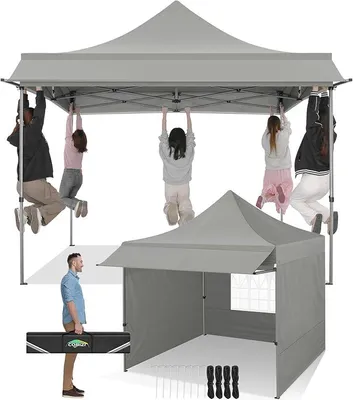 Obrázok produktu pre Pavilón 3x3, vodotesný, stabilný, vhodný aj na zimu, so slnečníkmi, sivý | UV ochrana 50+, skladací pavilón s 3 bočnými stenami, párty stan, skladací pavilón pre záhradu, kemping, pláž, svadbu